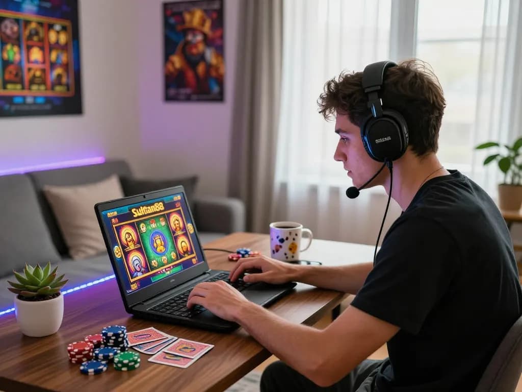 Engaging online gambling scene with sultan88 gaming setup featuring colorful graphics and cozy ambiance.