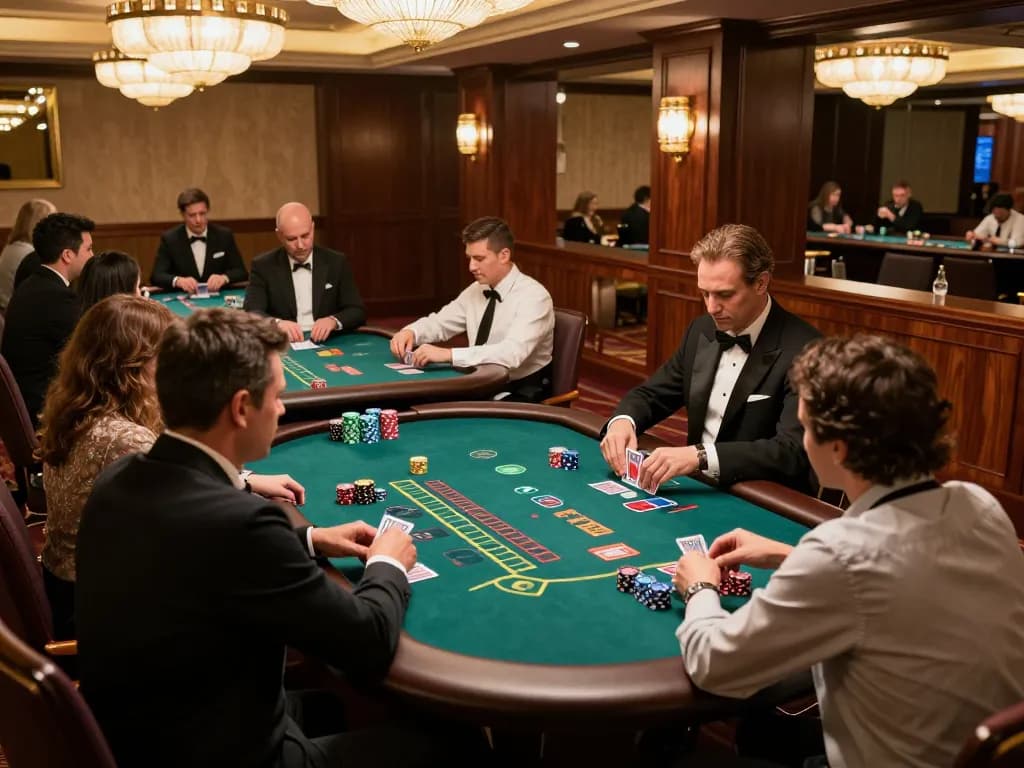 Baccarat gameplay at a luxurious casino table showcasing players and dealer in action.