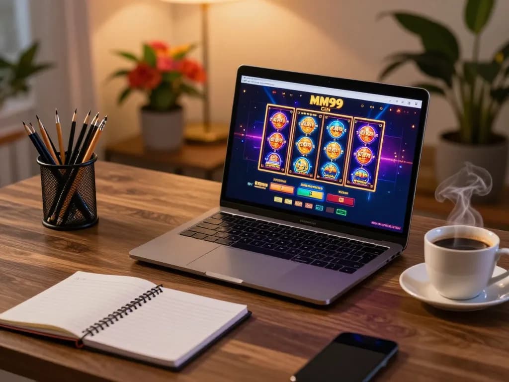 Engaging home gaming setup featuring MM99 COM casino interface on a laptop with strategy notes.