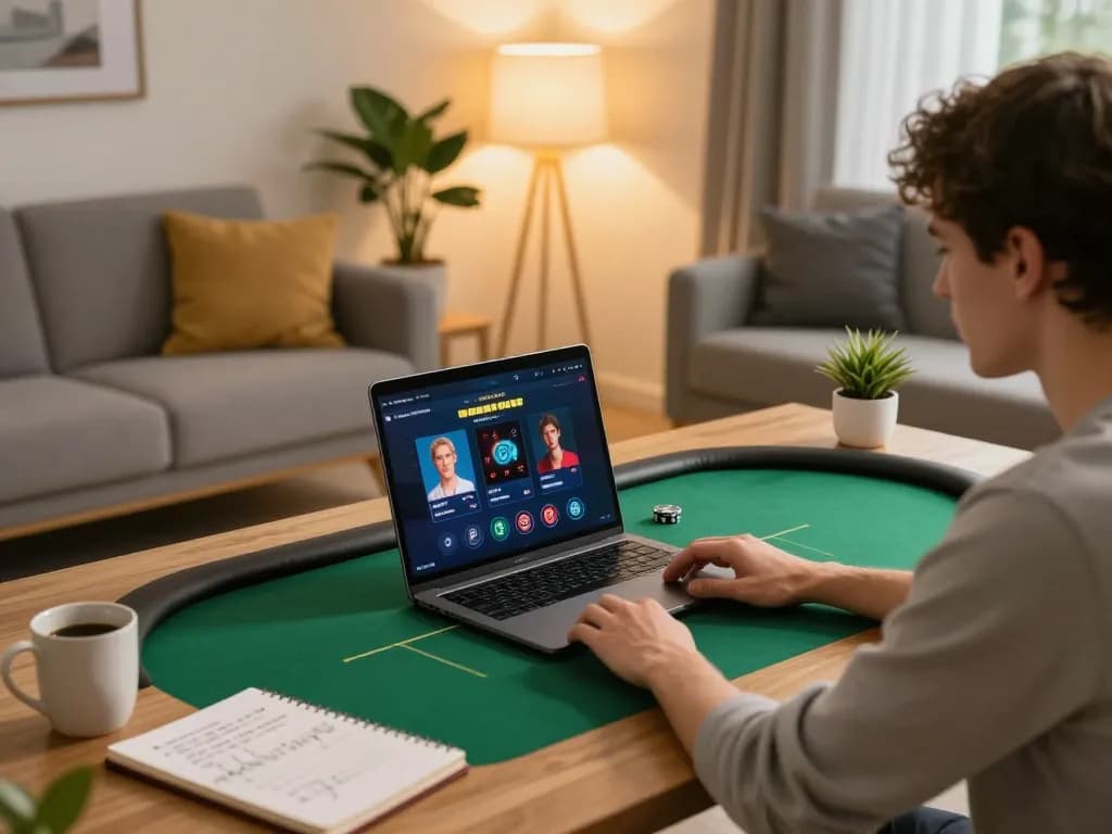 Player enjoying online poker game through SC88 app in a cozy home environment, showcasing responsible gambling.