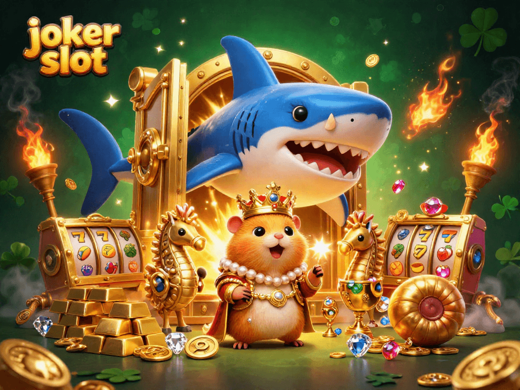 Joker slot menghadirkan keajaiban dengan raja hamster emas dan harta karun di latar belakang.