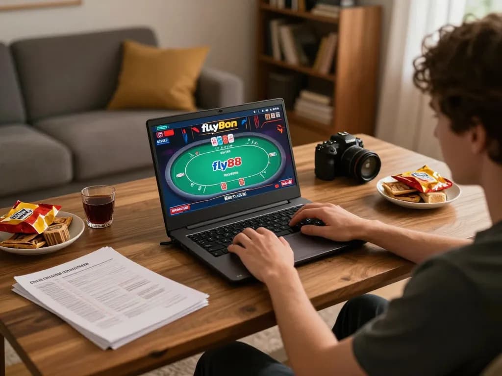 Player engaged in online casino fly88 poker game at home, showing strategy notes and warm atmosphere