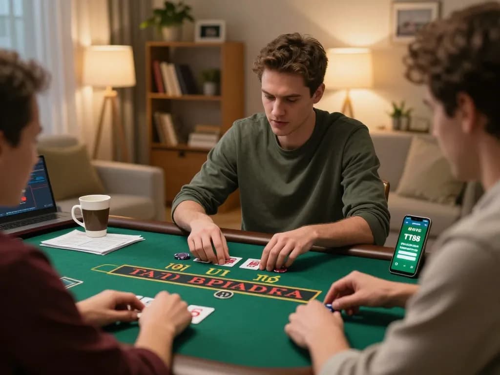 Engage with TT88 online casino gameplay at home, showing player focused on live blackjack on laptop.