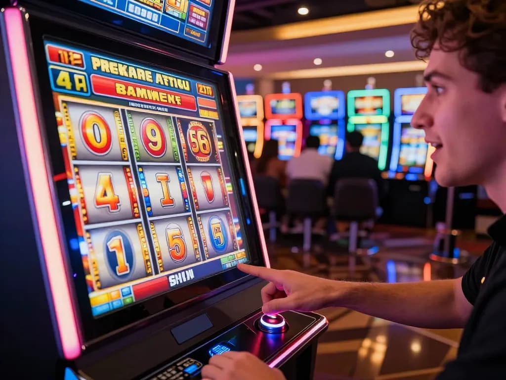 Player activating gacor slot machine, excitement visible as colorful reels align in a vibrant casino setting.