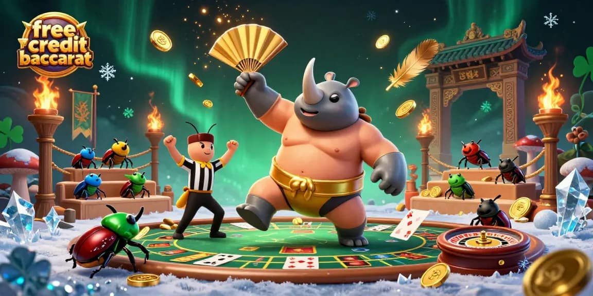 Experience free credit baccarat with a dynamic scene featuring a beetle champion in action, coins flying!