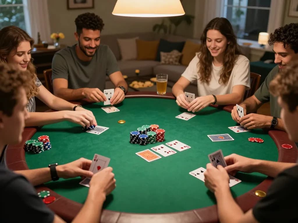 Friends enjoying a thrilling poker night at home, showcasing ligasedayu-style gaming with vibrant chips and cards.