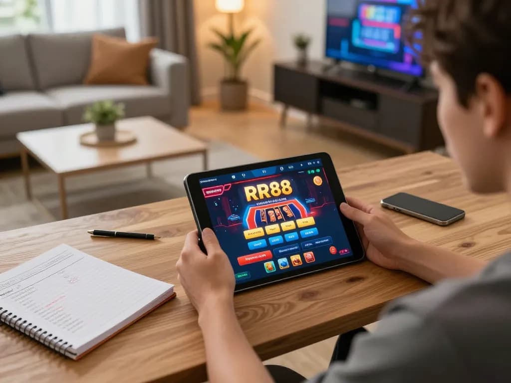 Playing casino games on the RR88 app with strategic notes and a cozy atmosphere