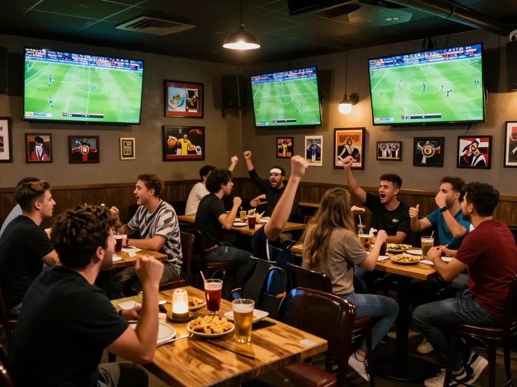 Kết quả bóng đá displayed on large screens in a bustling sports bar with fans celebrating