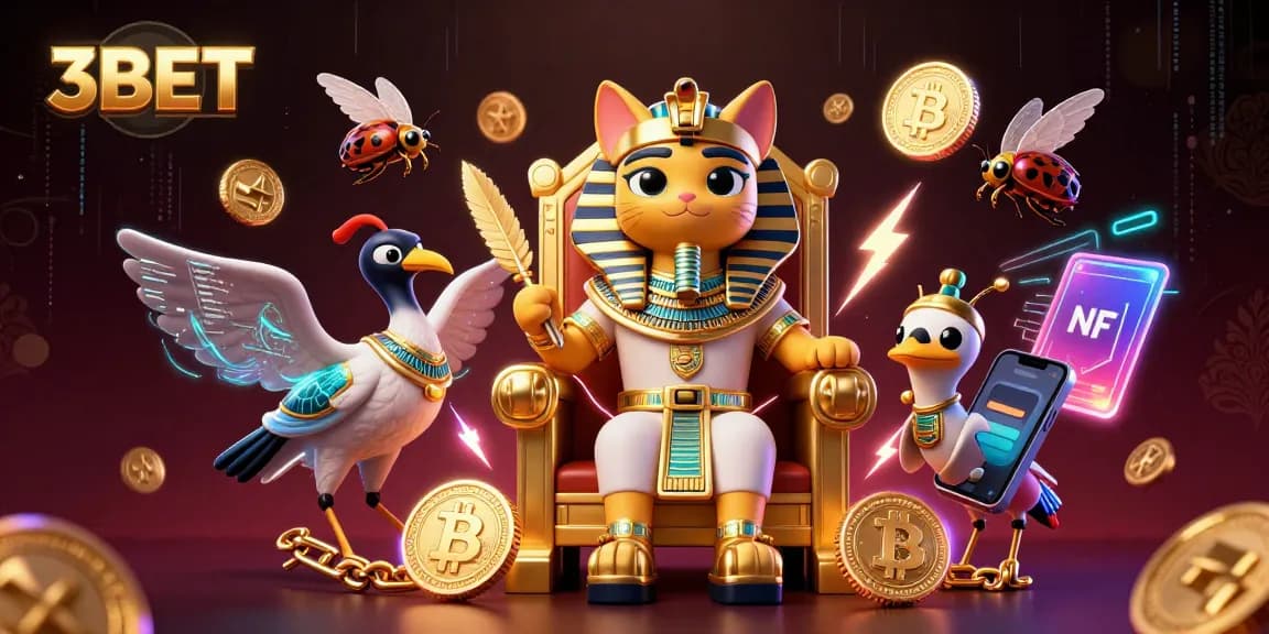 Unleash your winning potential with 3BET as a pharaoh cat reigns over a colorful casino scene.