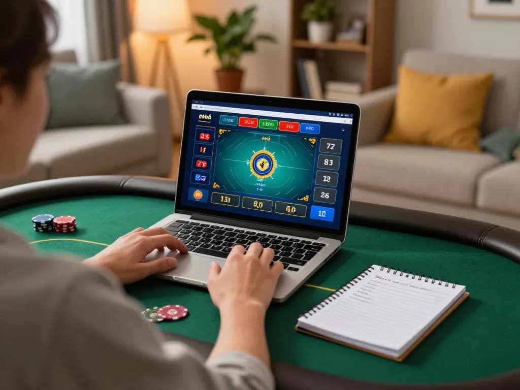 Engaging in online poker gaming with mantra88 on a laptop in a cozy home setup, showcasing strategic gameplay.