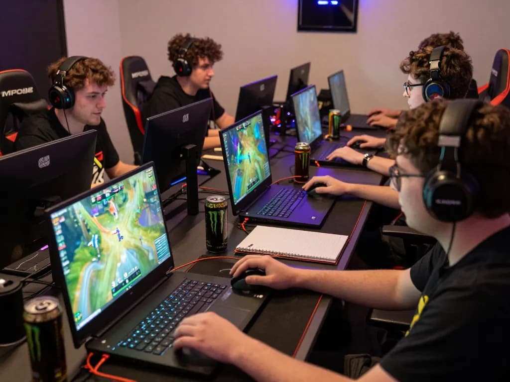 MPO08 players competing excitedly in an online gaming tournament with colorful screens and modern setups.