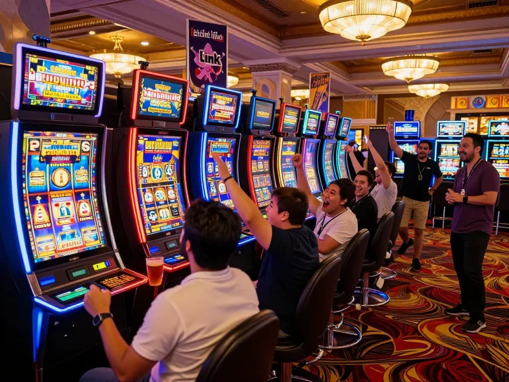 Sekelompok orang menikmati permainan link slot di kasino yang ramai, merayakan kemenangan bersama.