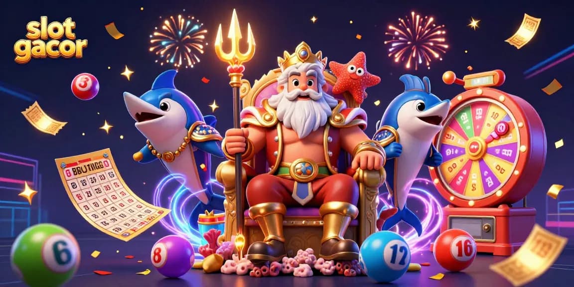 Engage with slot gacor excitement in a vibrant underwater casino scene full of dynamic lottery elements.