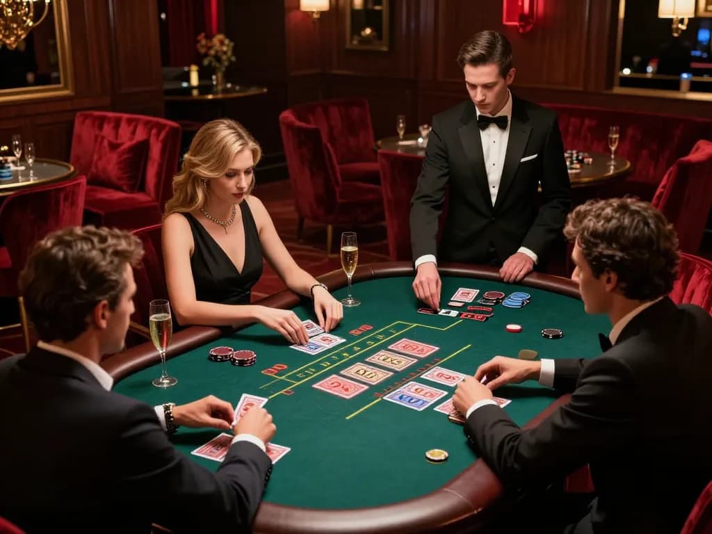 Players strategizing at the baccarat table in KP88 casino, capturing high-stakes gameplay.