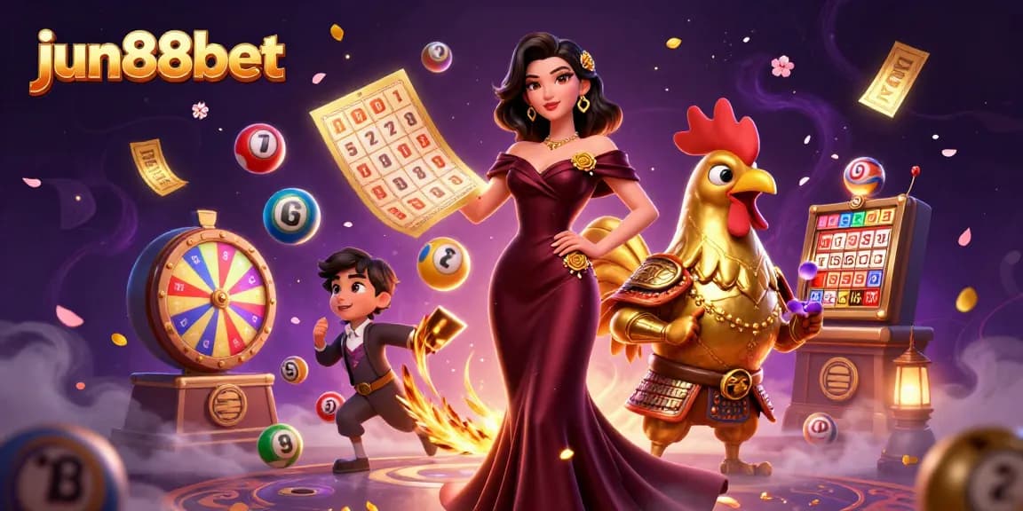 Experience excitement with jun88bet's vibrant illustration showcasing iconic gambling activities and characters.
