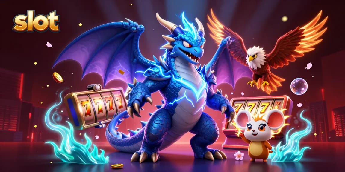 Keajaiban slot dengan naga petir, burung hawk, dan mouse petir dalam ilustrasi warna-warni.