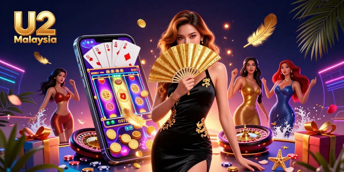 Experience thrilling gaming excitement with U2 Malaysia's vibrant casino scene featuring a gorgeous woman amidst slot games and casino elements.