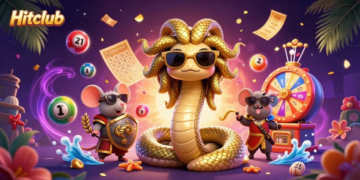 Engage with Hitclub's vibrant gaming experience surrounded by lively lottery elements and characters.