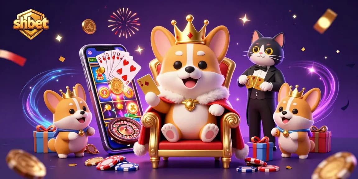 Experience thrilling gameplay with shbet featuring a royal corgi on a poker chip throne surrounded by casino elements.