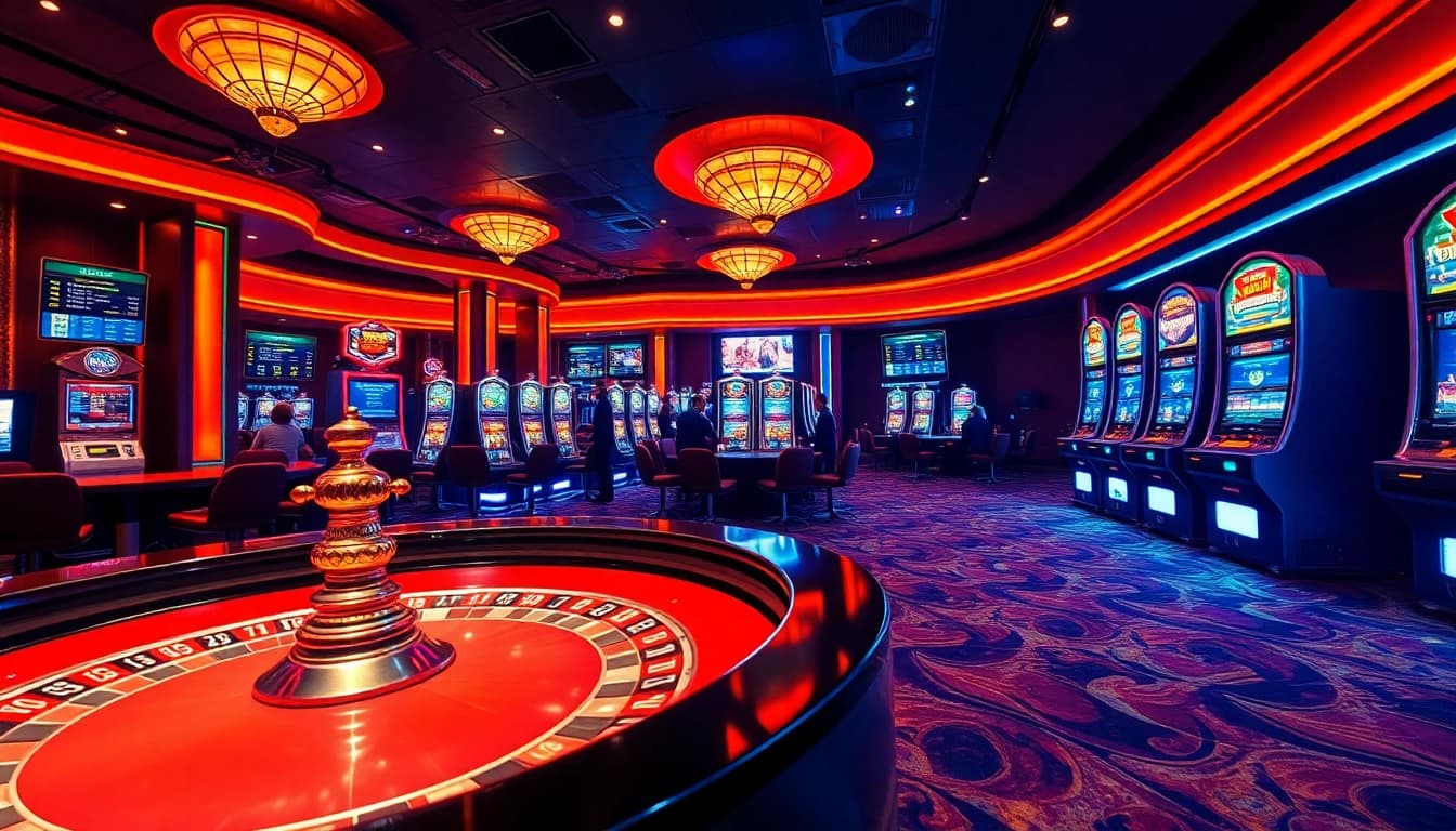 Experience the excitement of TRANG CHỦ HBBET with a vibrant casino scene featuring roulette tables and poker chips.