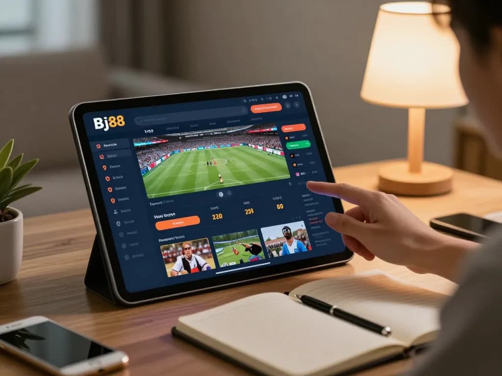 Bj88 user placing bets on a vibrant online sports platform with engaging graphics and live odds.