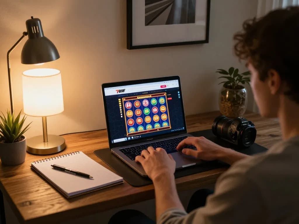 Person playing slots on the 789F online casino, showcasing an engaging home gaming environment with strategic notes.