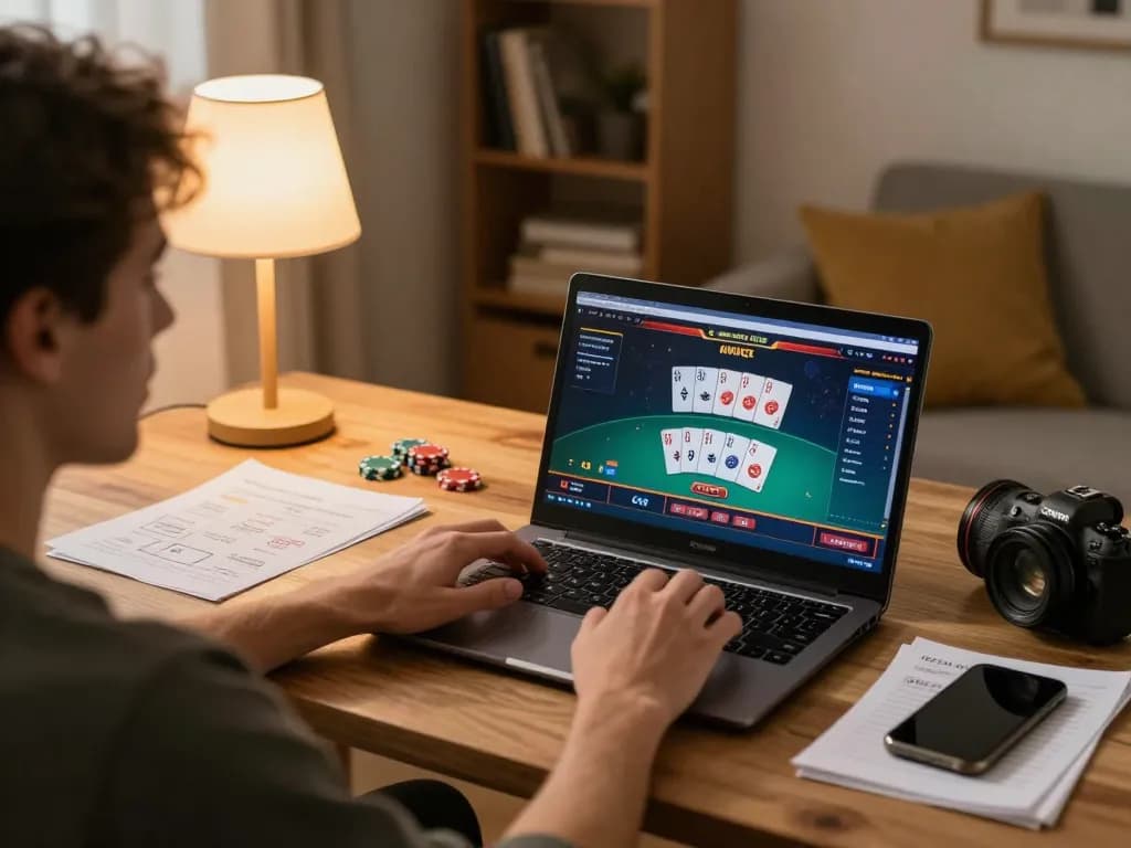 Player engaging with CF68 online casino gaming on a laptop in a cozy home setting.