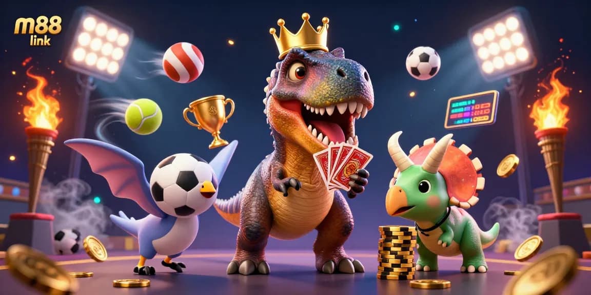 Experience M88 link with vibrant gambling action featuring cartoon characters in an exciting casino scene.
