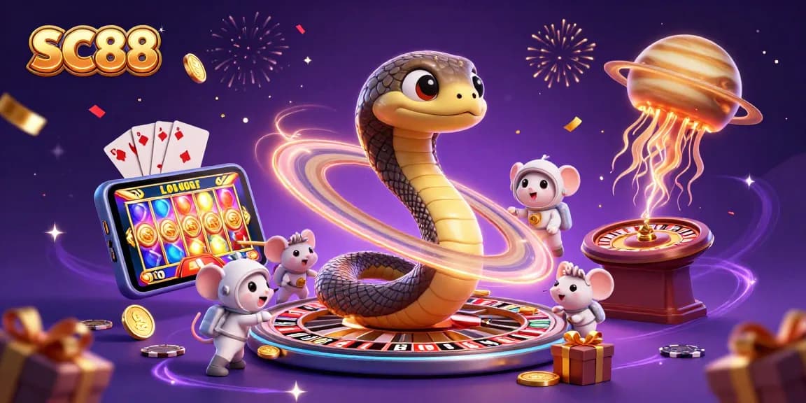 SC88 invites gamblers to engage in thrilling bets amidst a cosmic casino scene featuring vibrant characters and animations.