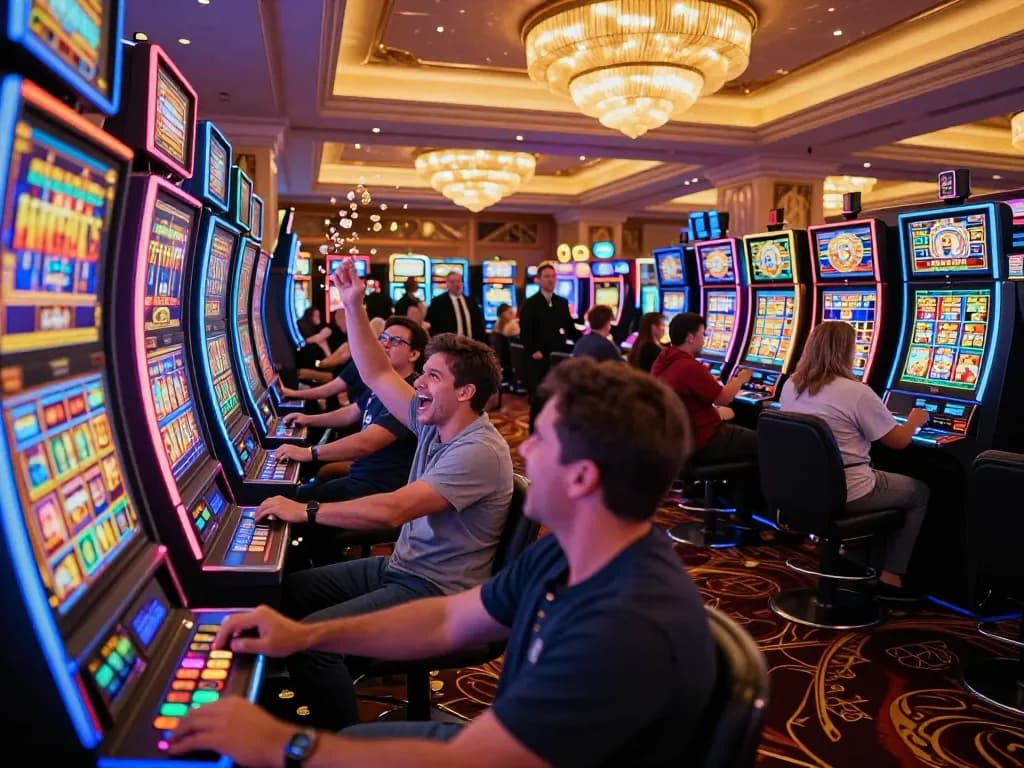 Celebrating a win at SC88 slot machines with colorful flashing lights and casino atmosphere