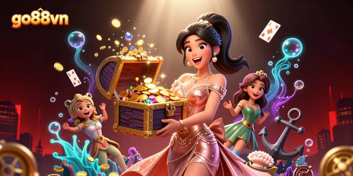 Experience the excitement of go88vn with a vibrant treasure chest overflowing with gems and coins.