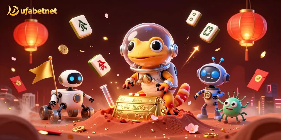 Engage with ufabetnet's vibrant Martian casino adventure featuring a gecko and robot in an alien landscape.