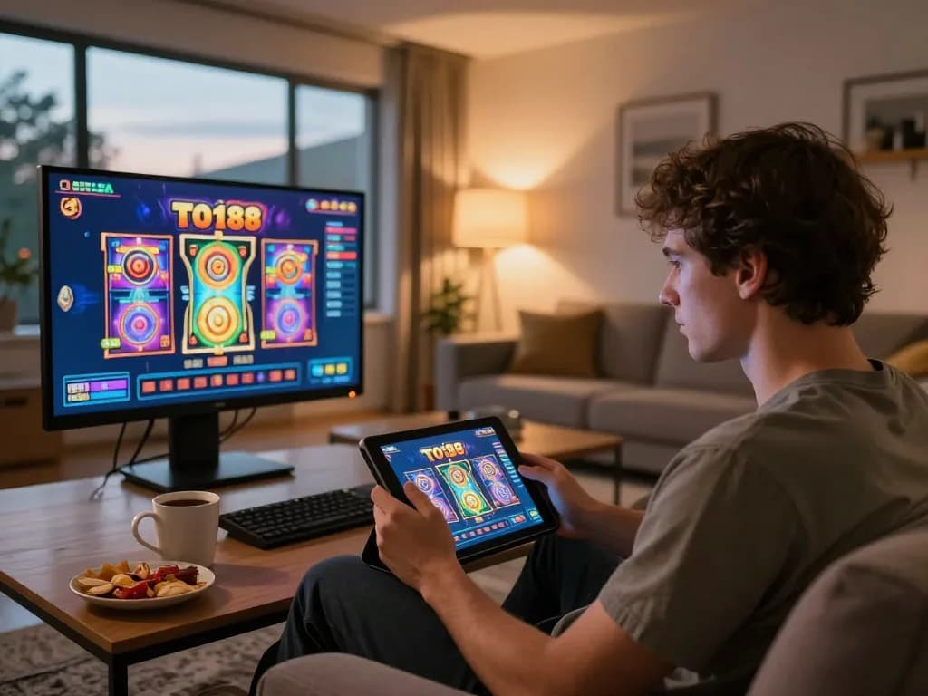 Player engaging in TO188 online slot games in a cozy home setting