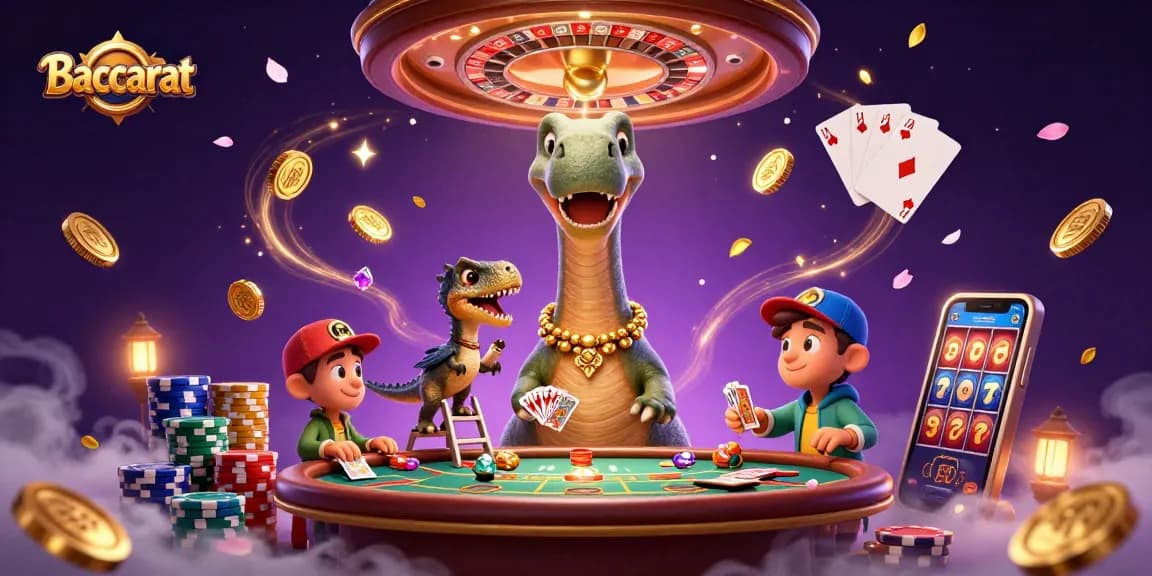 Baccarat illustration featuring a brontosaurus and clever raptor dealing cards in a vibrant casino atmosphere.