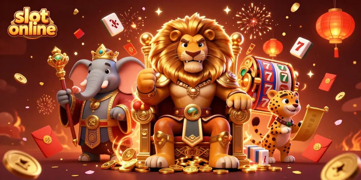 Permainan slot online menanti, dengan raja singa berkilau dan suasana kasino megah.