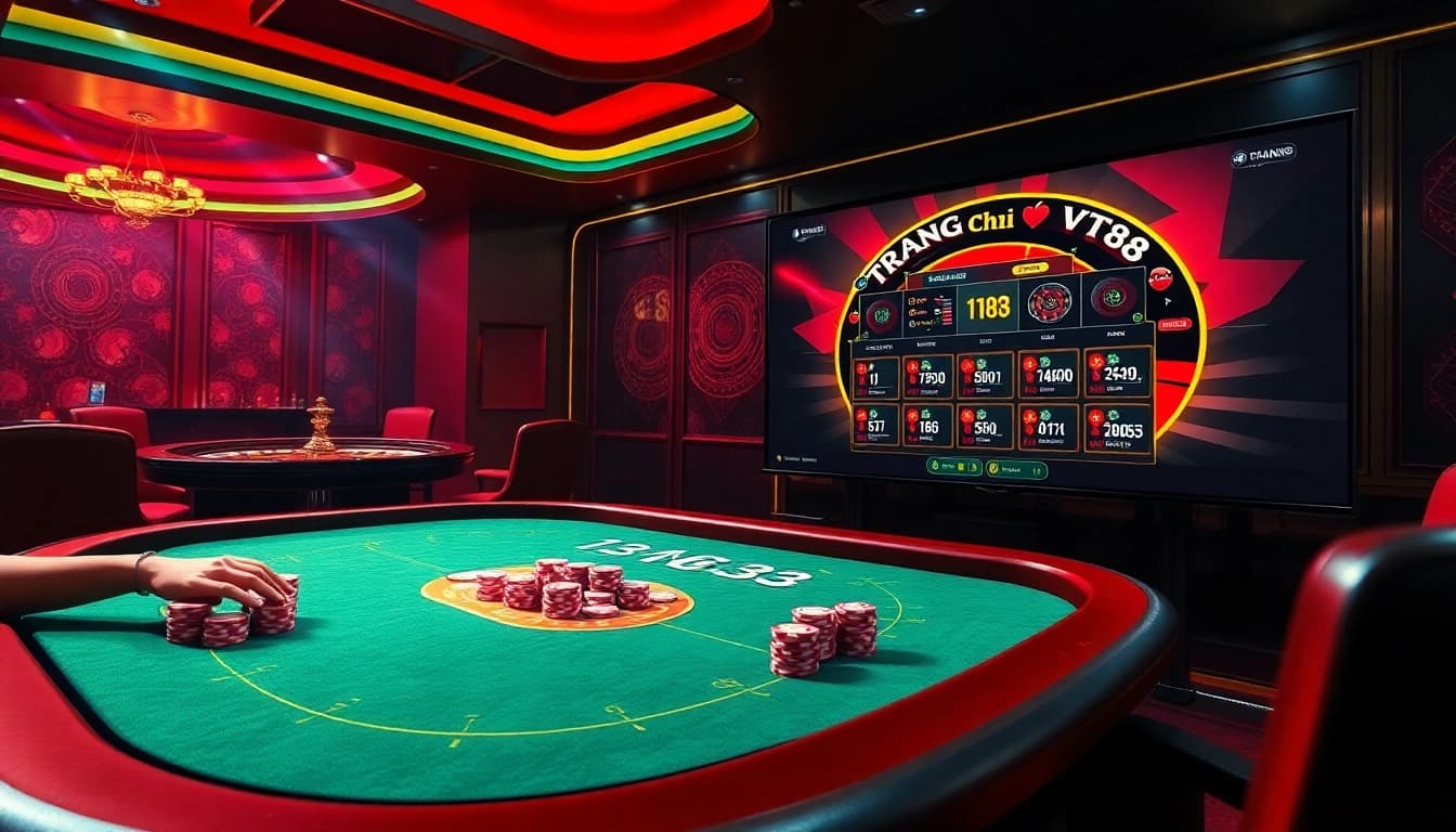 Players enjoying an exciting poker game at TRANG CHỦ VT88 casino, surrounded by vibrant chips and cards.