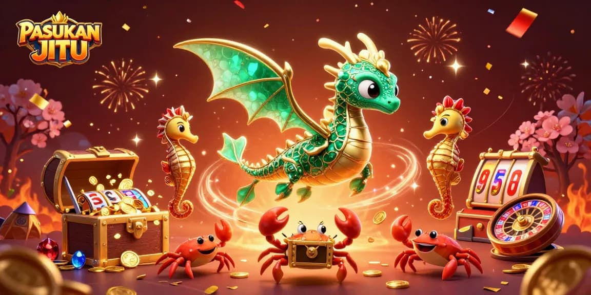 Experience the thrill of PASUKAN JITU with this vibrant 3D illustration featuring slot reels and treasure!