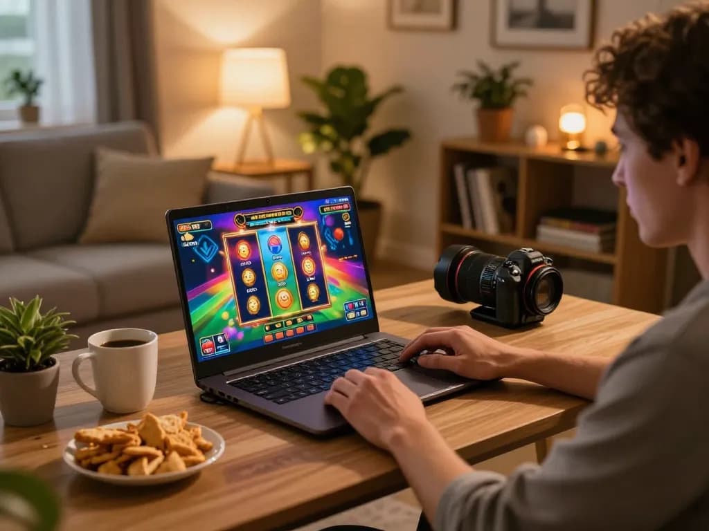 Join the excitement of mpoid online slot gaming as a player engages with colorful graphics on a laptop at home.
