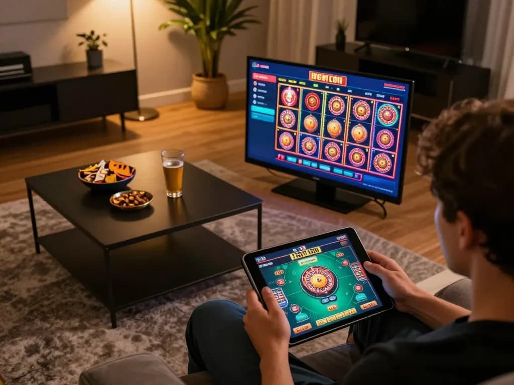 Engaged player experiencing live betting on 888VI COM in a cozy setting, showcasing interactive casino games