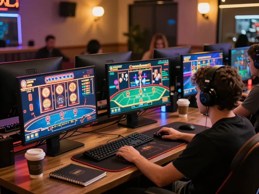 Player engaging in multiple casino games on a modern online setup showcasing 68win's diverse options.