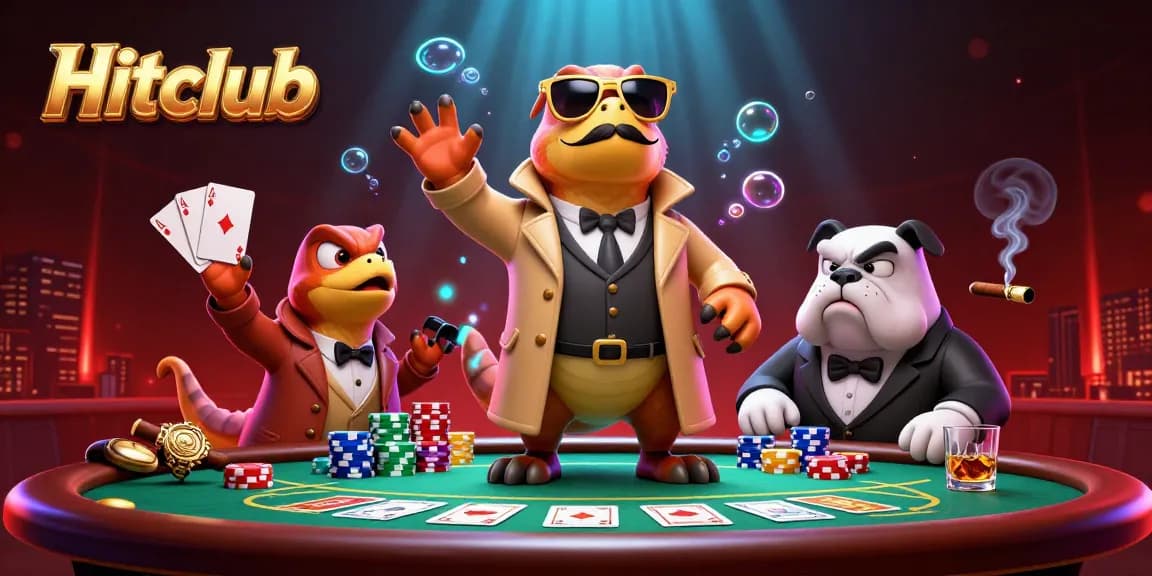 Engage in high-stakes poker at Hitclub with vibrant visuals of a fun casino scene featuring cartoon raptors.