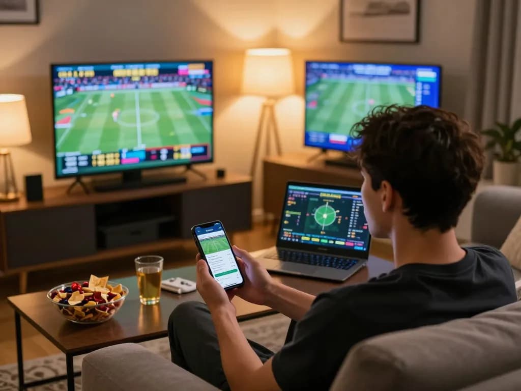 Enjoying a strategic sports betting session at home with O8 app on display.