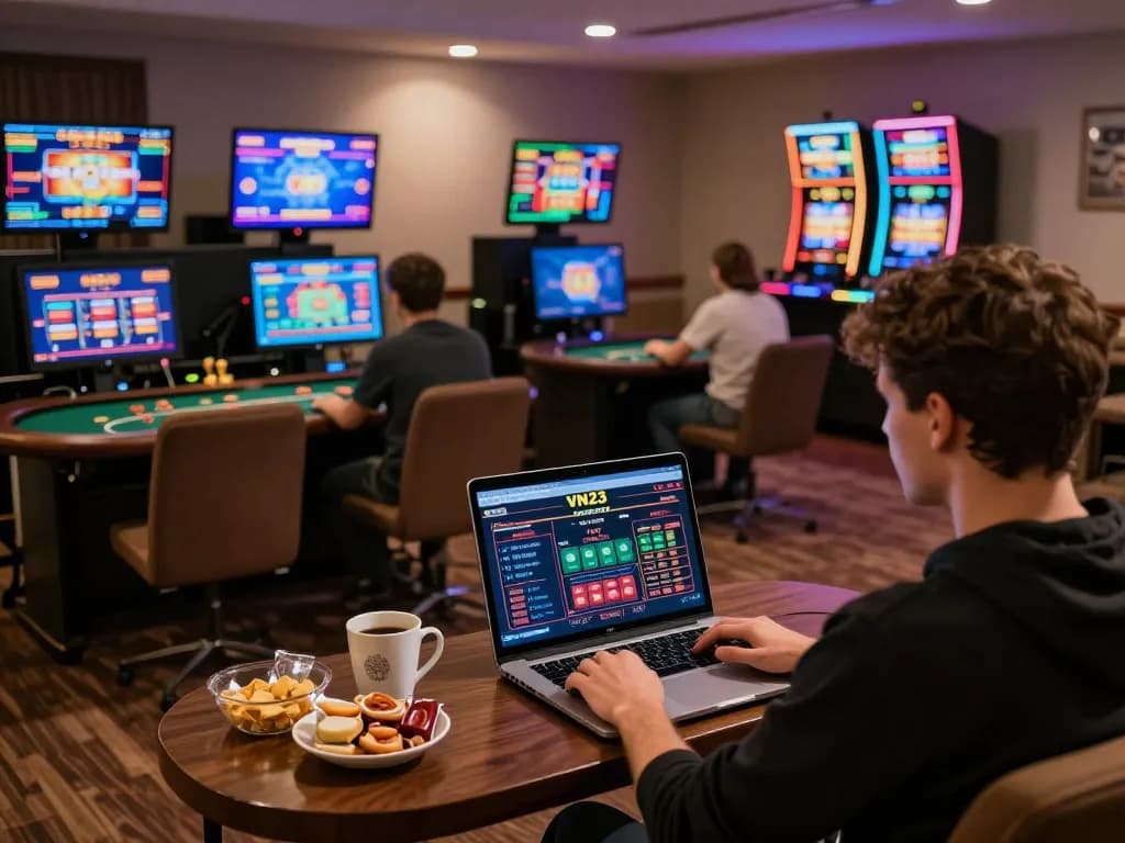 Player engaging with VN23 online casino on laptop, showcasing live betting and vibrant game graphics.