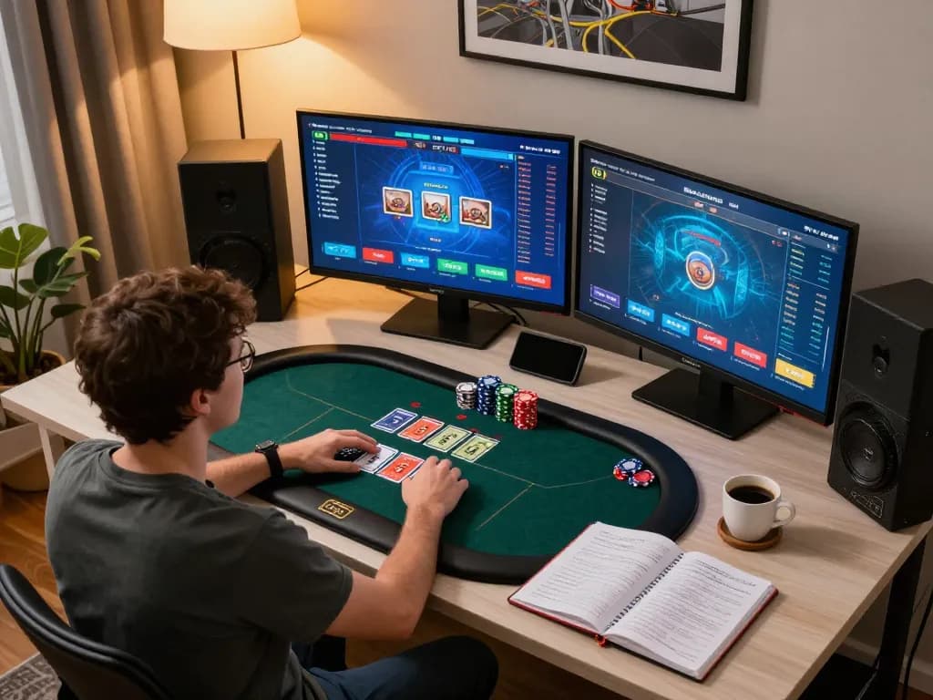 Engage with nego77 at home poker games, showcasing an organized gaming setup and lively gameplay.