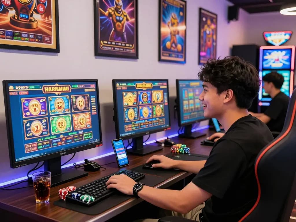 Excited player enjoying slot gacor hari ini at a vibrant online casino setup with multiple screens and colorful gaming elements.