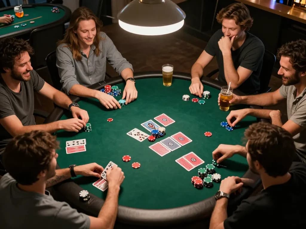 Friends enjoying a poker game at home, showcasing the engaging atmosphere of open888 gaming nights.