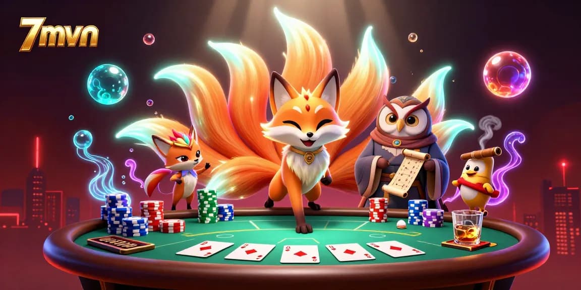 Engage with thrilling poker action featuring 7mvn's vibrant characters in an ultra-detailed casino scene.