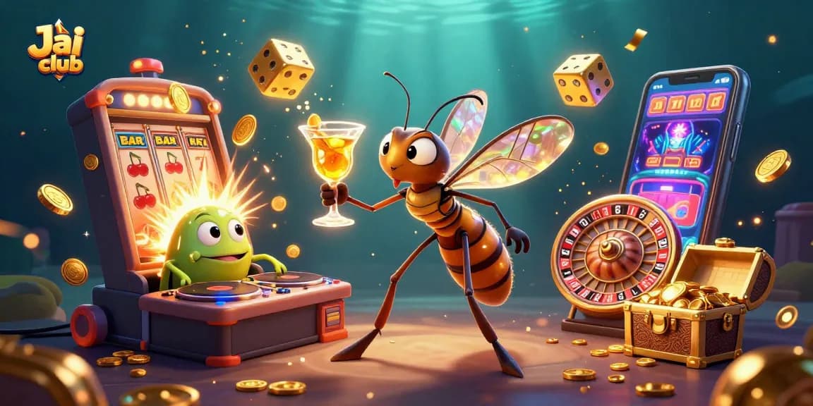 A captivating Jai club scene showcasing a lively frozen mosquito casino mascot, a trilobite DJ, and a golden roulette wheel, immersed in thrilling gameplay.