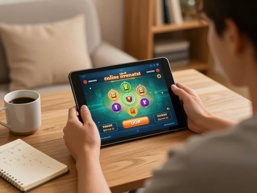 Engaging online casino gaming setup showing link alternatif access on tablet while immersed in strategies