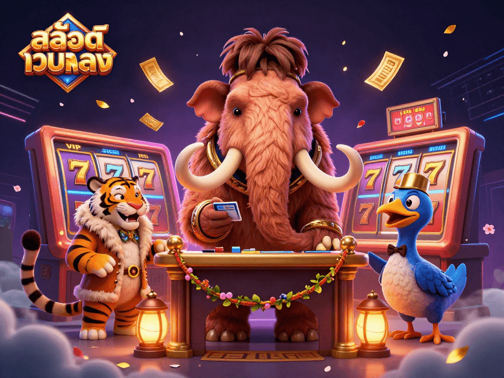 Engage with สล็อตเว็บตรง as a woolly mammoth bouncer checks IDs, amidst vibrant casino elements.